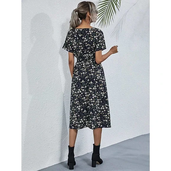 boho yellow Floral Shirred Wrap midi Dress - Picture 6 of 10